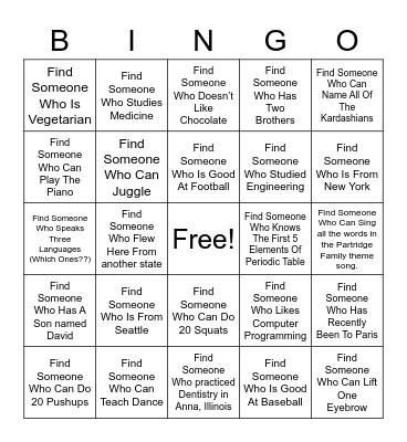 Getting To Know You Bingo Card