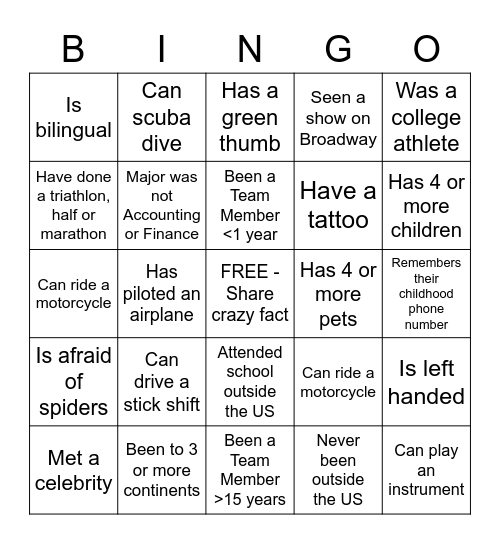 Get to Know Each Other Bingo Card