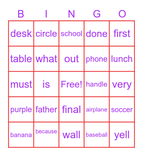 Sight Words Bingo Card