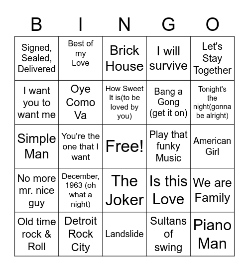 1970's Bingo Card