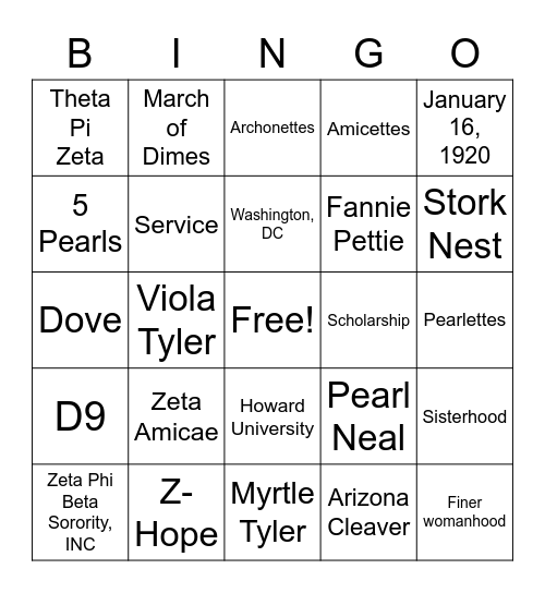 Zeta Bingo Card