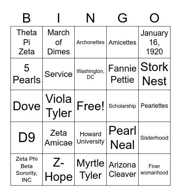 Zeta Bingo Card