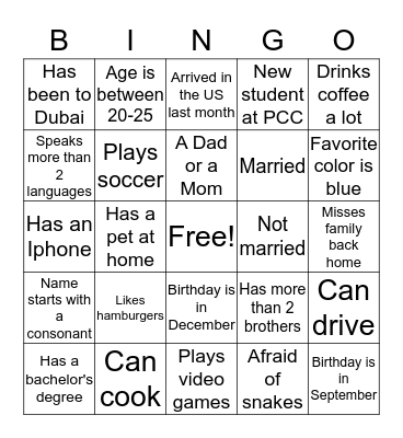 Getting to Know You  Bingo Card