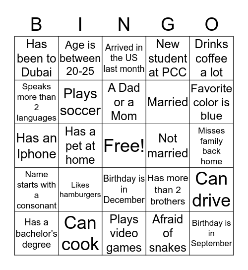 Getting to Know You  Bingo Card