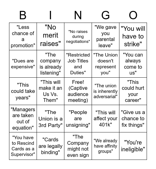 Union Busting Bingo Card