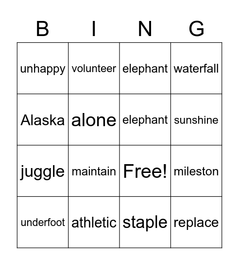 Syllable Patterns Bingo Card