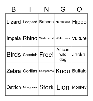 Safari Animals Bingo Card