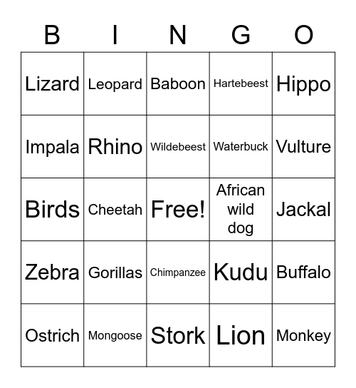 Safari Animals Bingo Card