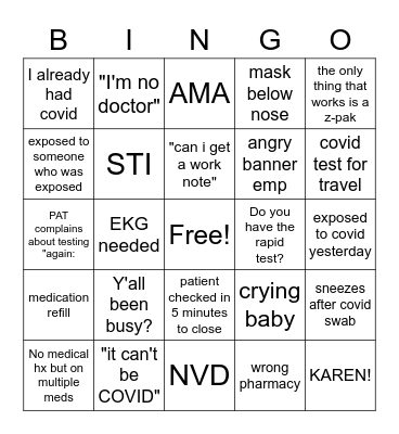 Banner Urgent Care Bingo Card