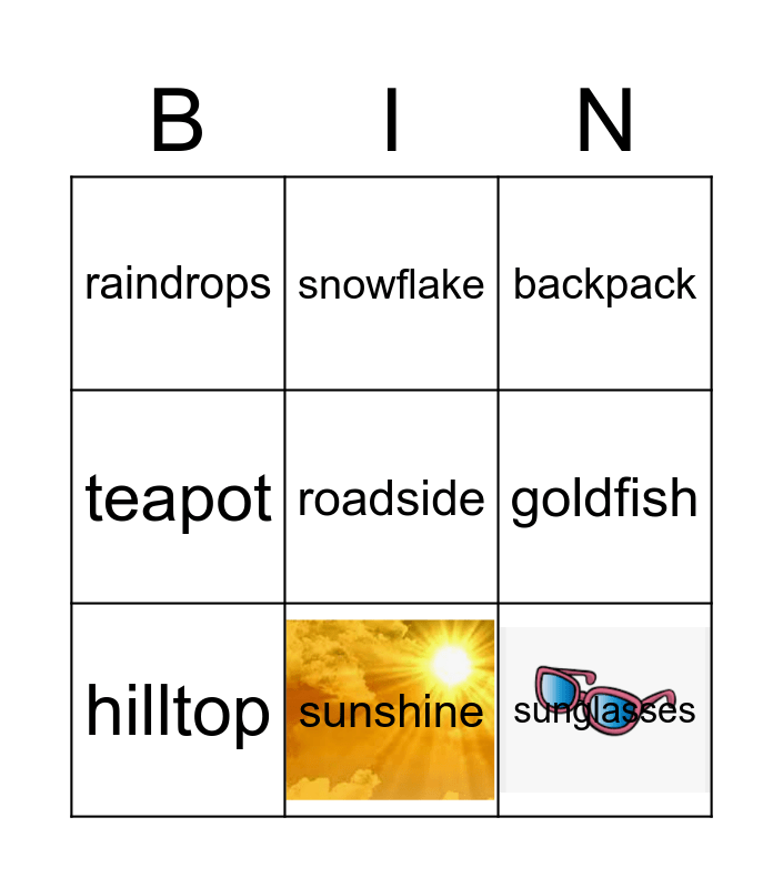 GR1 compound words SUN Bingo Card