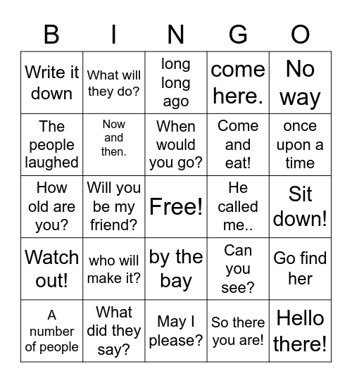 Fluency Phrases Bingo Card