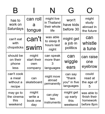 Modal Verbs: Find someone who... Bingo Card