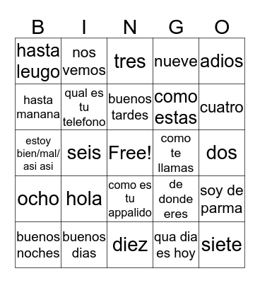 spanish bingo Card
