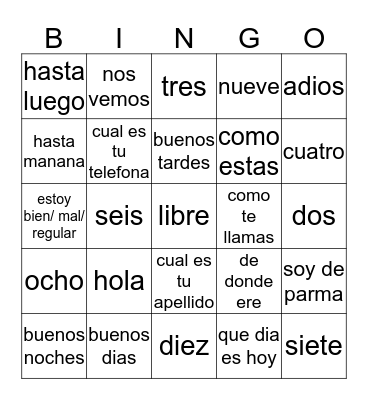 spanish Bingo Card