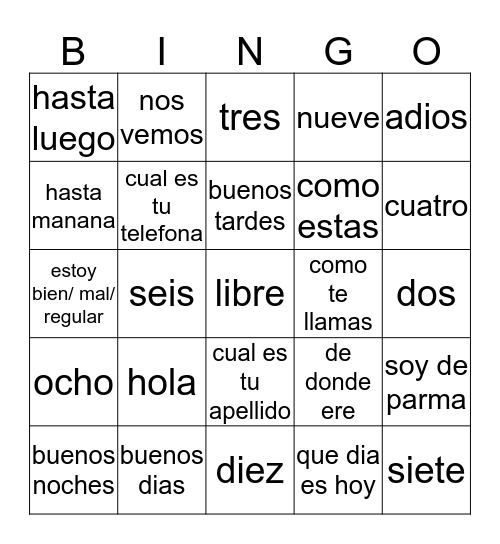 spanish Bingo Card