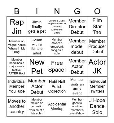 BTS Hiatus Bingo Card