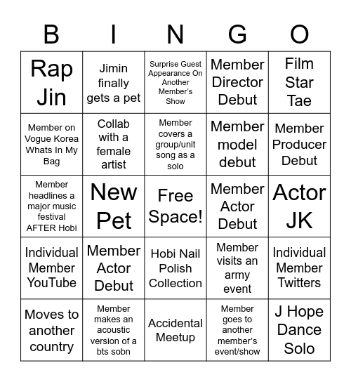 BTS Hiatus Bingo Card