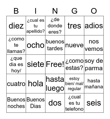 Spanish bingo Card