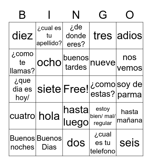 Spanish bingo Card