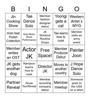 BTS Hiatus BINGO Card