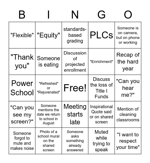 End of Year Staff Meeting BINGO Card