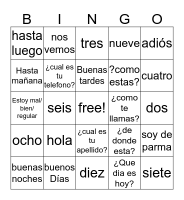 español baker Bingo Card