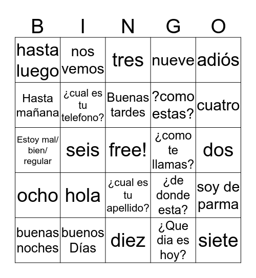 español baker Bingo Card