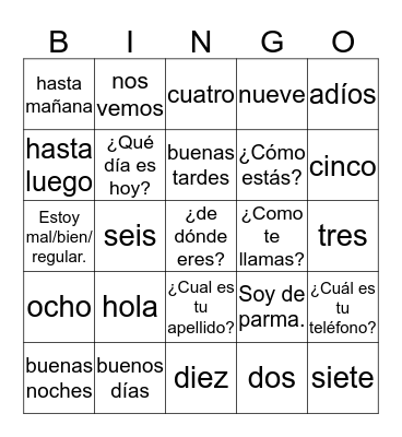 Semana Nombre Bingo Card