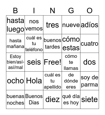 Spanish Bingo Card