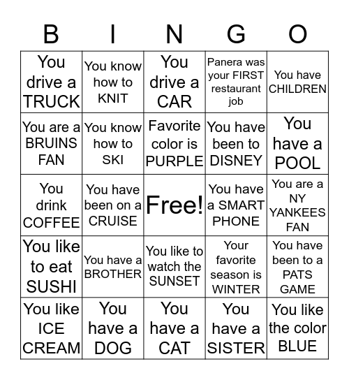 Panera Bingo Card