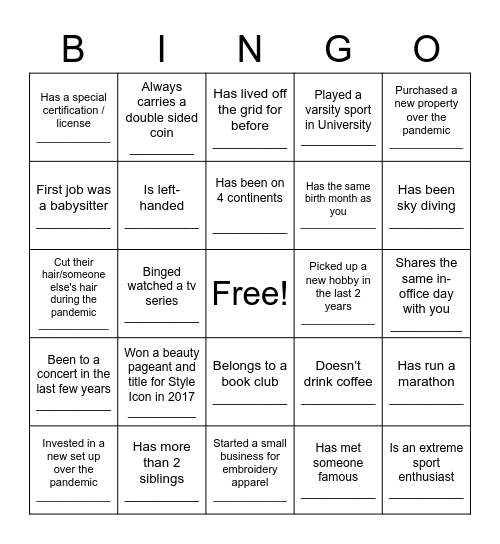 TA COE, Find Someone Who... Bingo Card