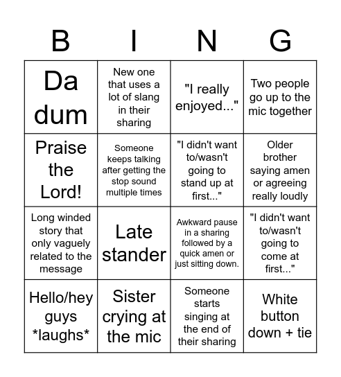 Church Life Sharing Bingo Card
