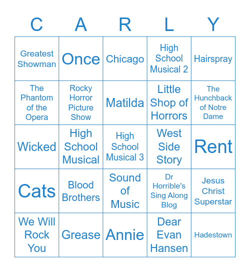 We ♥ Carly Bingo Card