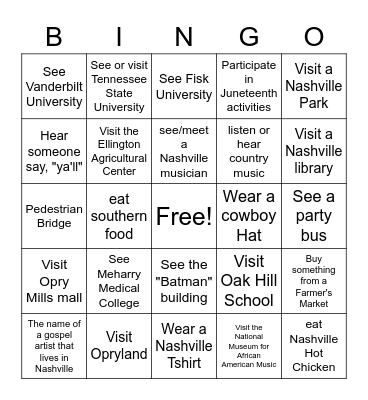 Nashville Vacation Bingo Card