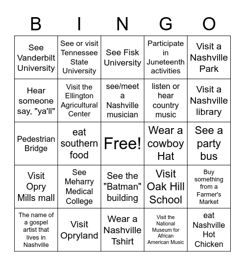 Nashville Vacation Bingo Card