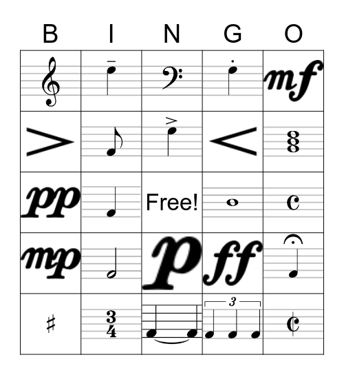 Common Musical Symbols Bingo Card