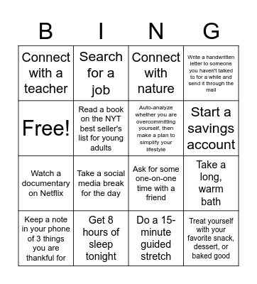 Self-care Bingo Card