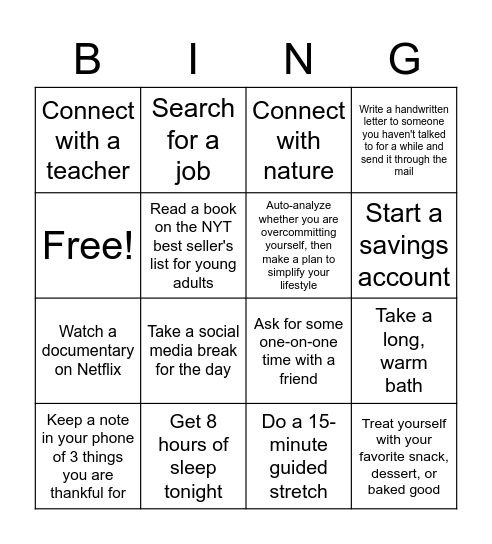 Self-care Bingo Card