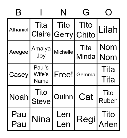 Guanlao Family Bingo Card