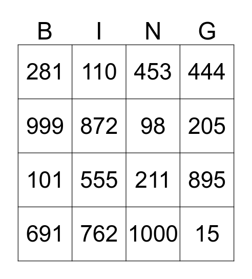 Number Bingo Card