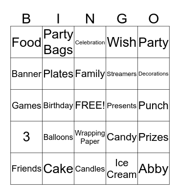 Abby's Birthday Bingo Card