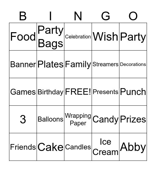 Abby's Birthday Bingo Card