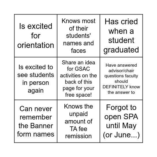 GSAC End of Year Fun! Bingo Card