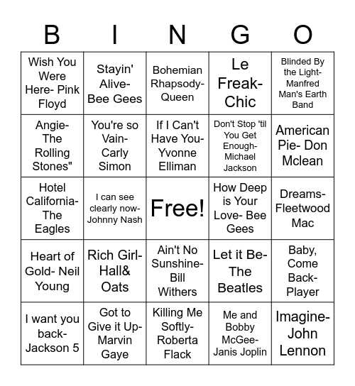 #1 Hits of the 70's Bingo Card