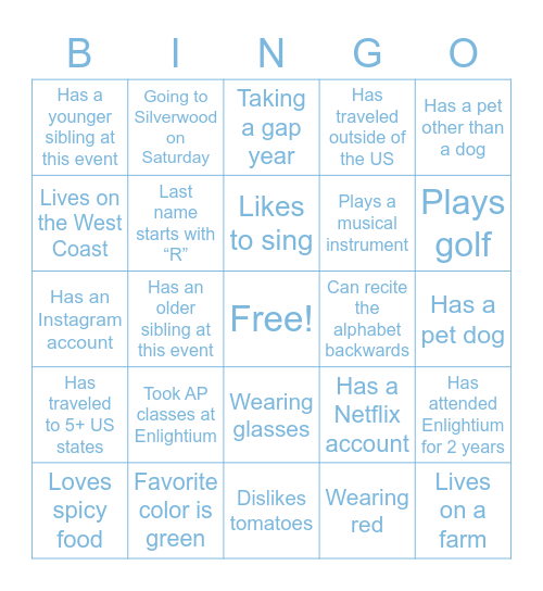 Enlightium Bingo: Find someone who… Bingo Card