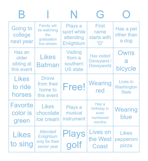 Enlightium Bingo: Find Someone who... Bingo Card