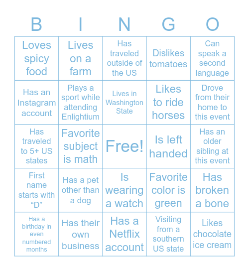 Enlightium Bingo: Find someone who... Bingo Card