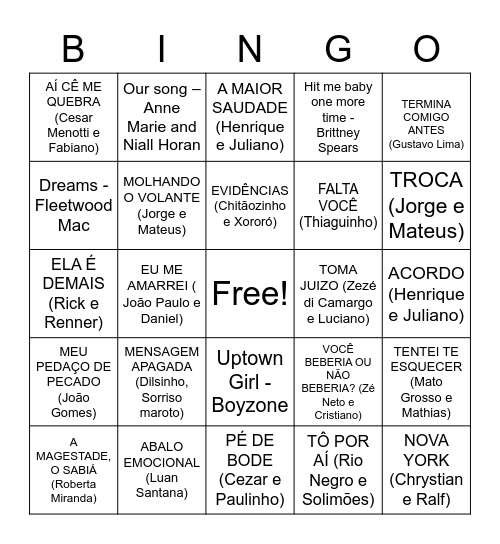 BINGO MUSICAL CAIPIRA Bingo Card