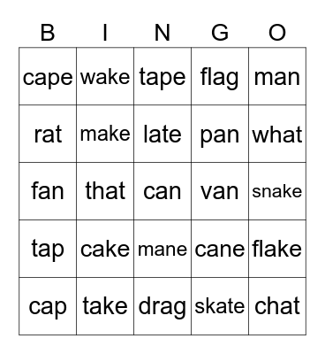 long and short "a" words Bingo Card