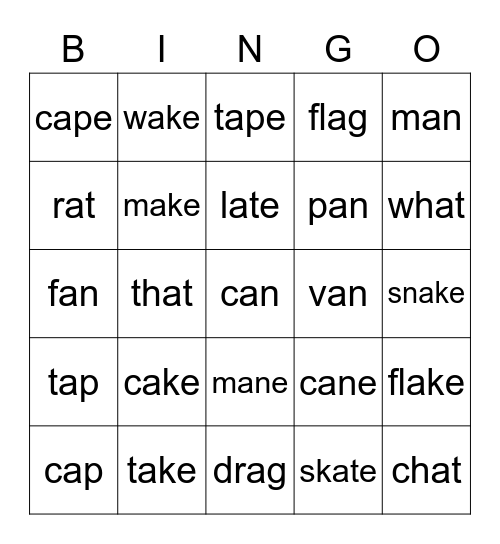 long and short "a" words Bingo Card